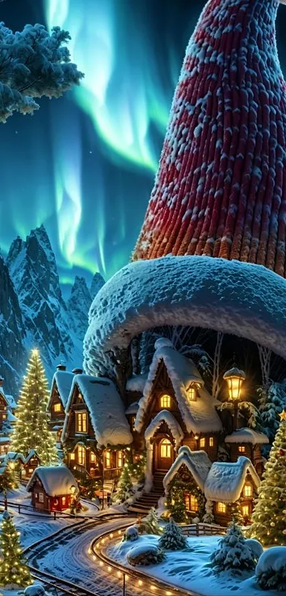 Whimsical winter village under northern lights with festive charm.