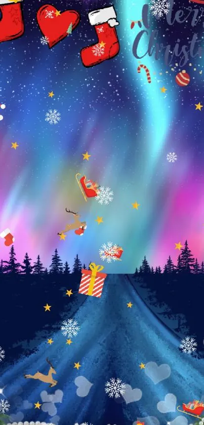 Christmas-themed wallpaper with Northern Lights and festive elements.