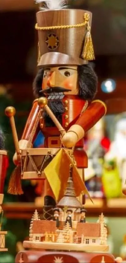 Colorful nutcracker figurine display at Christmas market.