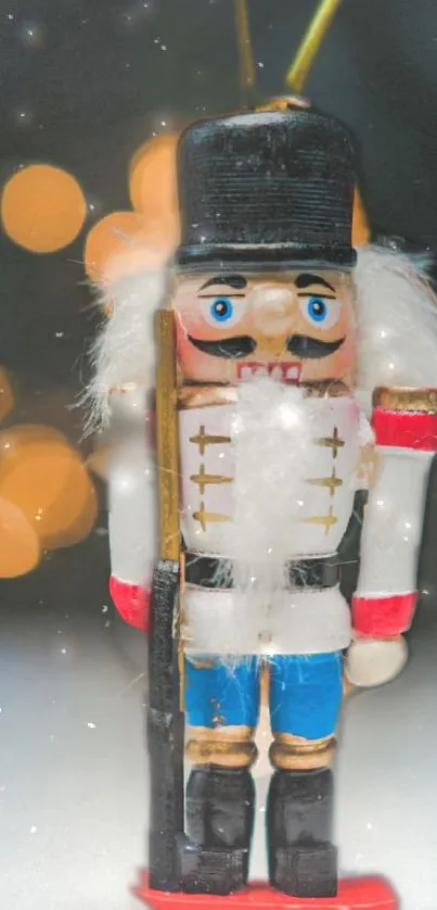 Nutcracker with bokeh lights mobile wallpaper in festive colors.