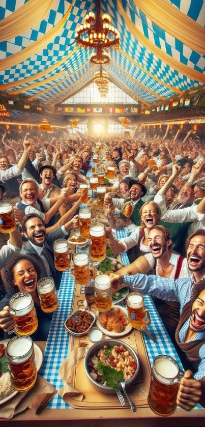 People enjoying Oktoberfest under vibrant tent