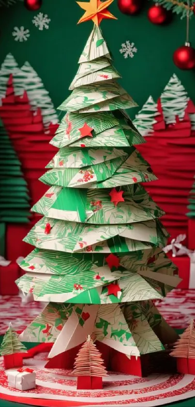 Festive origami Christmas tree with gifts in green and red holiday theme.