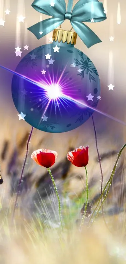 Festive ornament with flowers in vibrant hues and twinkling lights for mobile wallpaper.