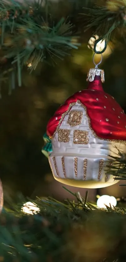 Red and gold Christmas ornament amidst green pine needles.