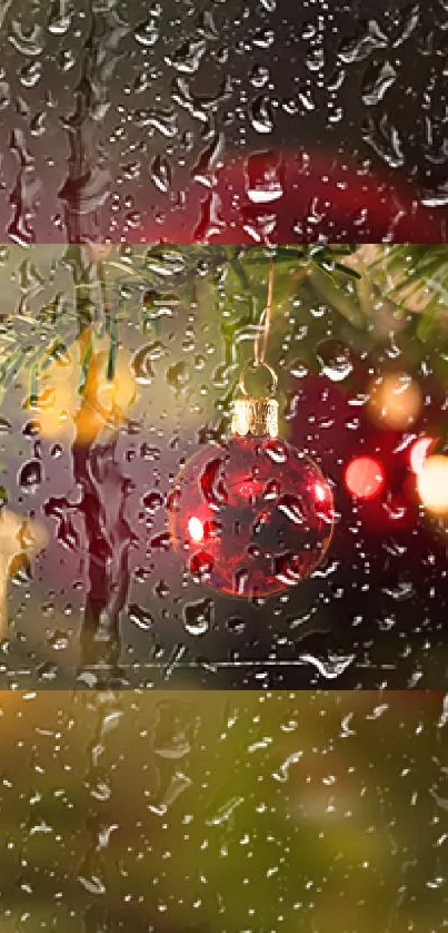 Red ornament with raindrops on window, festive mobile wallpaper.