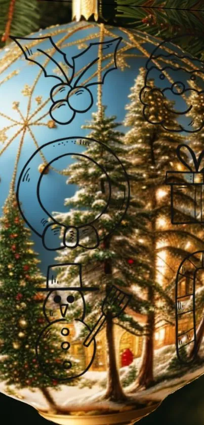 Festive Christmas ornament with pine trees and holiday motifs.