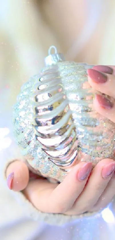 Hands holding a glittering ornament with bokeh lights in the background.