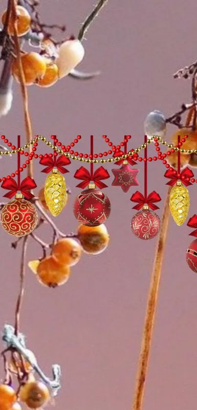 Festive red and gold ornaments on a branch creating a holiday mobile wallpaper.