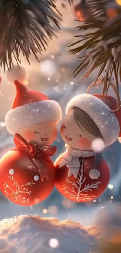 Festive ornament characters hanging on a tree branch, surrounded by a wintery scene.