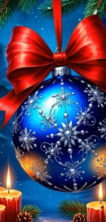 Christmas ornament with red bow and candles