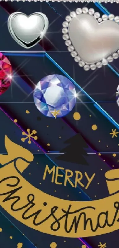Festive Christmas wallpaper with ornaments on a metallic background.