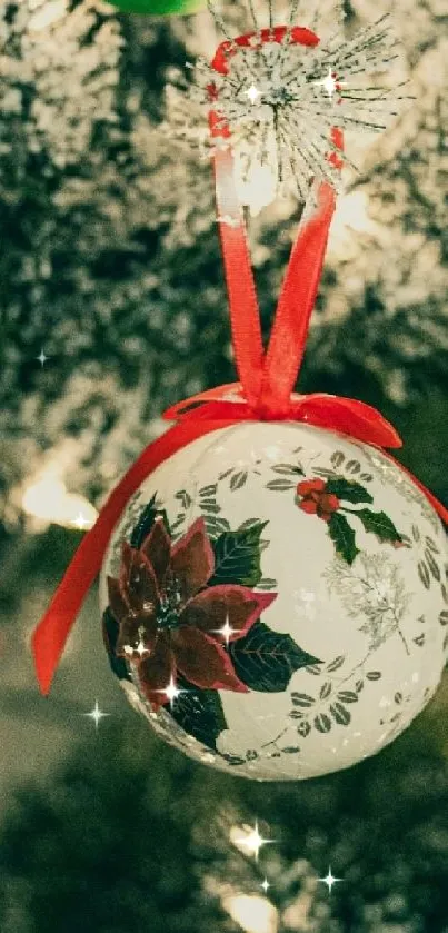 Christmas ornament with red ribbon on tree.