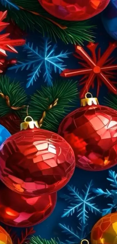 Colorful festive ornaments and pine branches create a vibrant holiday display.