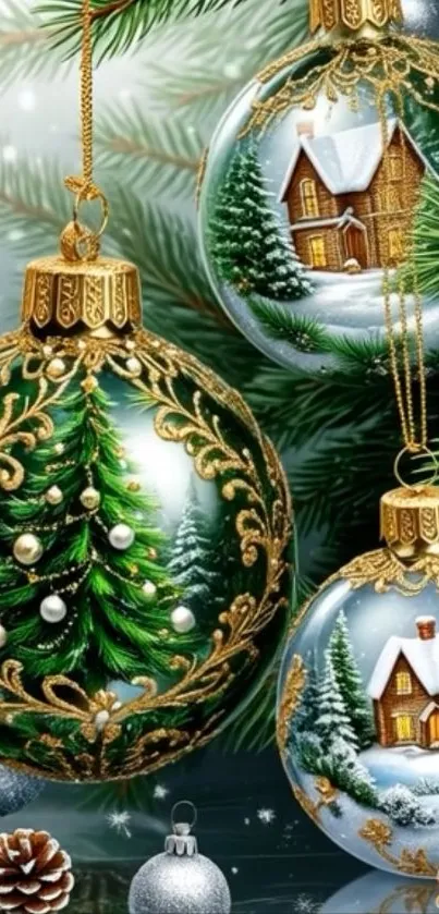 Christmas ornaments with festive trees and cottages on a pine background.
