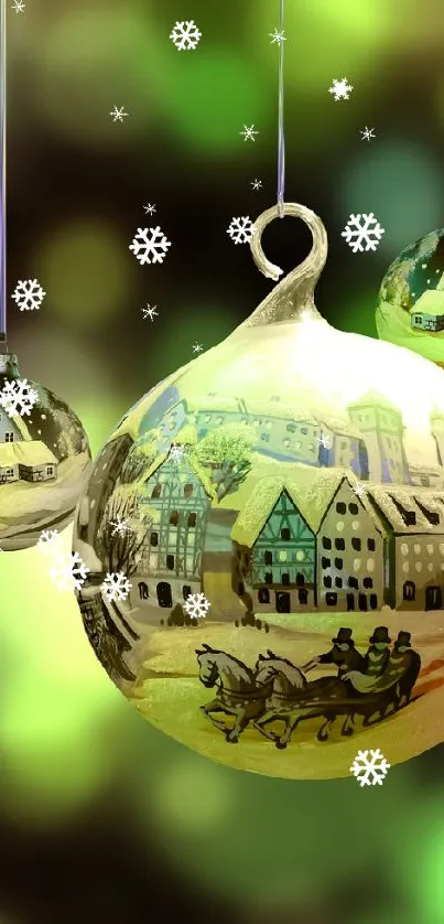 Beautifully decorated festive ornaments with a green glowing background.