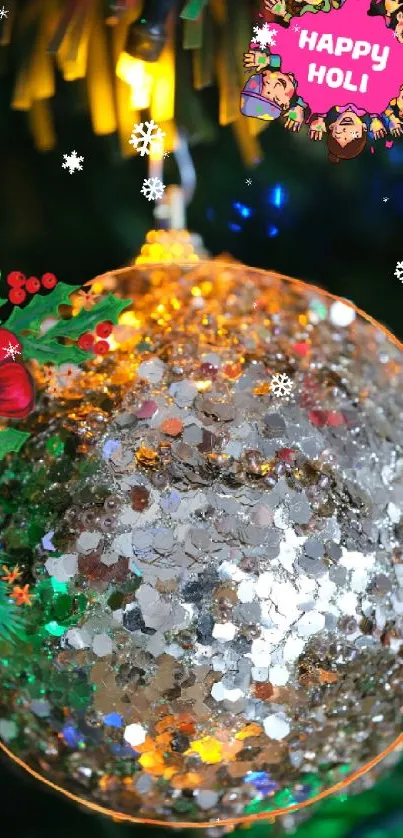 Festive ornament with glitter and holiday greeting on a backdrop of greenery.