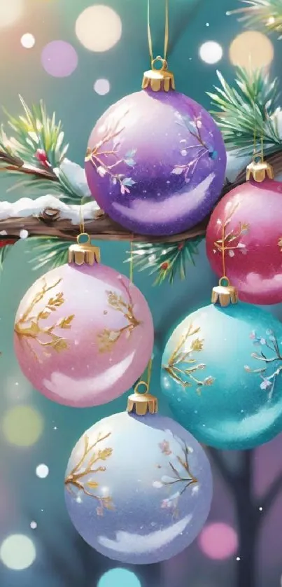 Colorful festive ornaments on snowy tree branch.