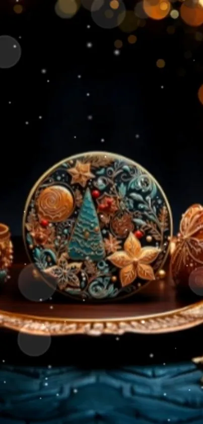 Intricate festive ornament on a decorative tray with warm holiday hues.
