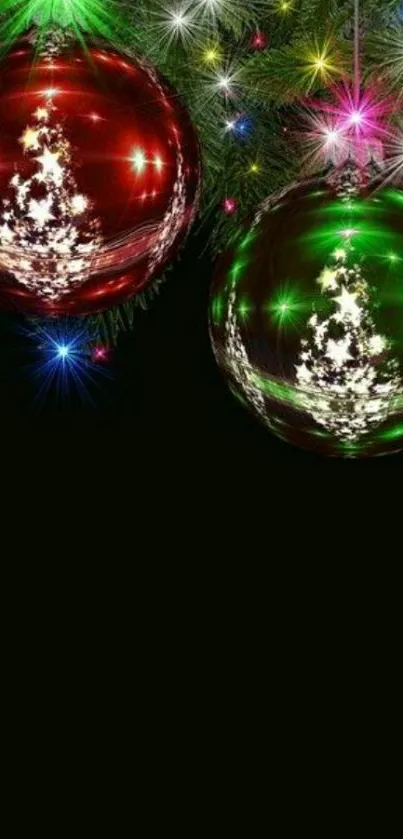 Festive mobile wallpaper with red and green ornaments and Christmas lights.