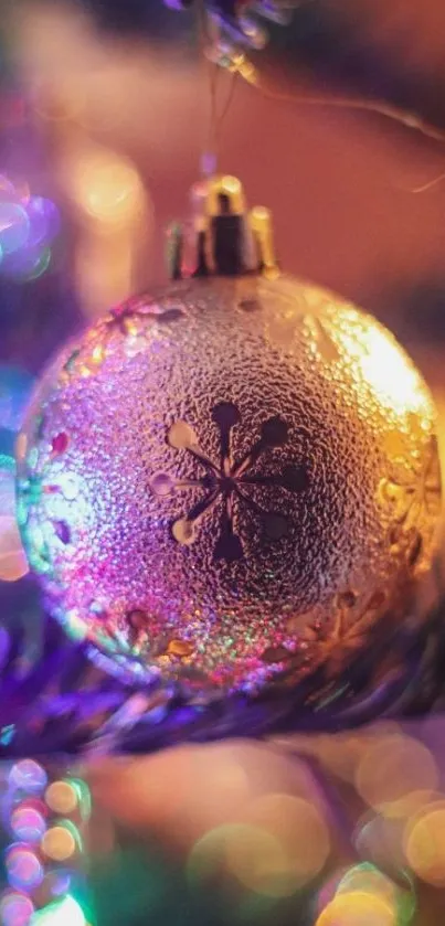 Shimmering snowflake ornament with colorful lights.