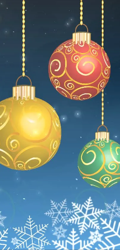 Festive ornaments on a blue background with snowflakes.