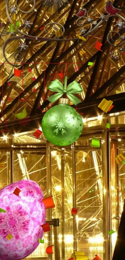 Festive mobile wallpaper with ornaments and golden background.