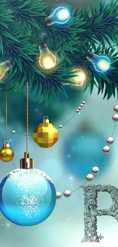 Christmas ornaments and lights wallpaper for mobile in blue hues.