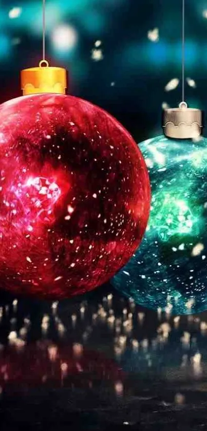 Colorful festive ornaments on Christmas tree wallpaper.