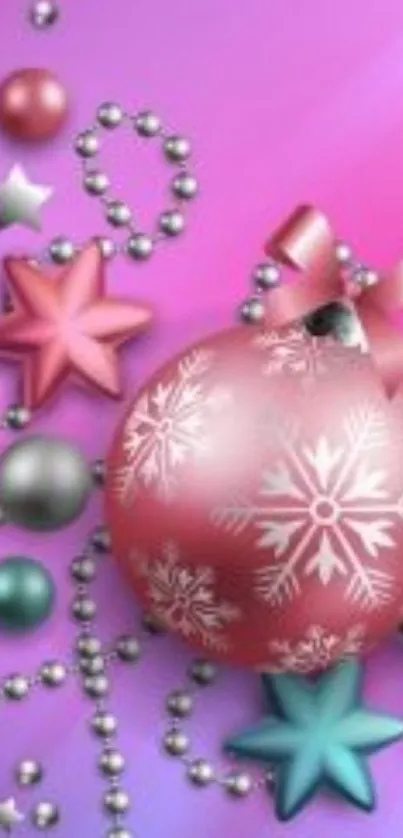 Festive pink ornament wallpaper with stars and beads.