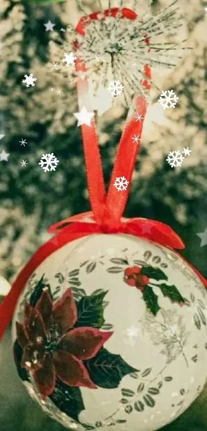 Festive Christmas ornament hanging on a tree branch with a red ribbon.