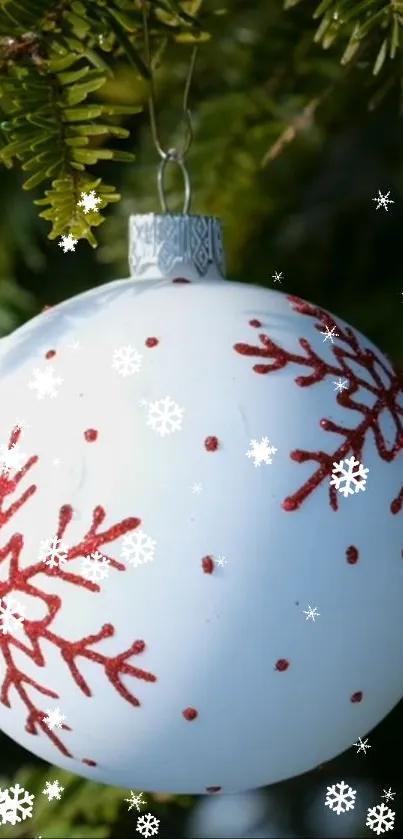 White Christmas ornament with red patterns on a green tree branch.