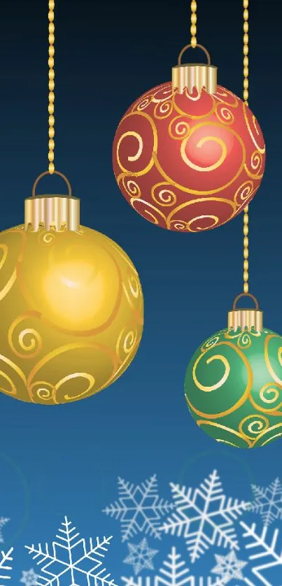 Colorful Christmas ornaments on a blue background.