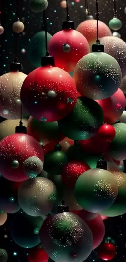 Vibrant festive ornaments mobile wallpaper with red and green baubles.