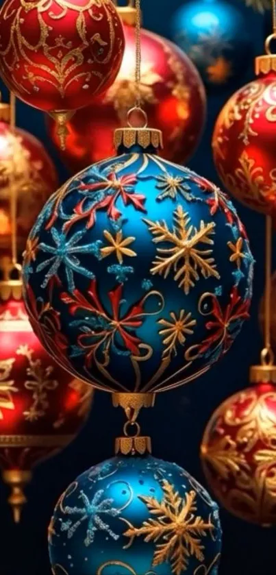 Colorful festive ornaments with red and blue decorations.