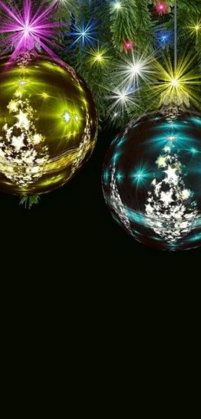 Christmas ornaments on green tree background.