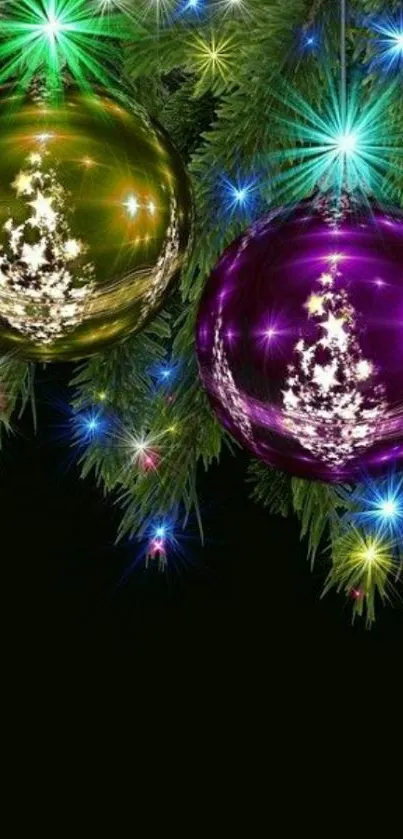 Christmas ornament wallpaper with colorful trees.