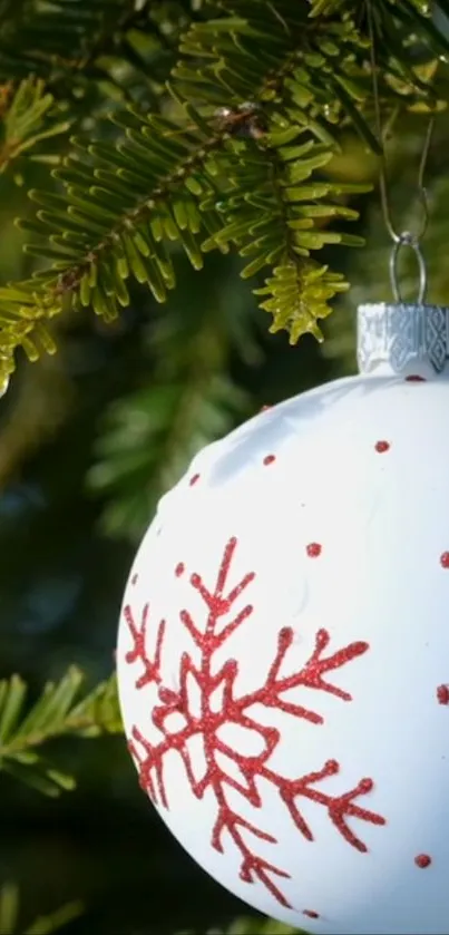 White ornament with red snowflakes hanging on evergreen branch.