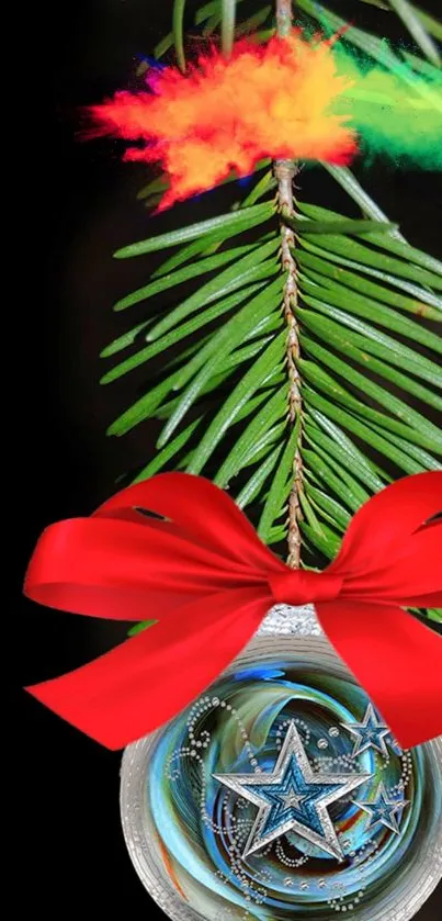 Festive ornament with red ribbon on pine branch.