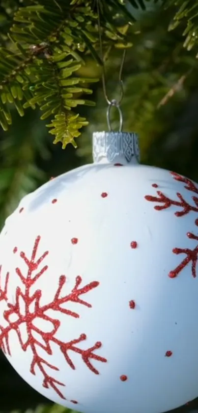 White ornament with red snowflakes on pine branch.