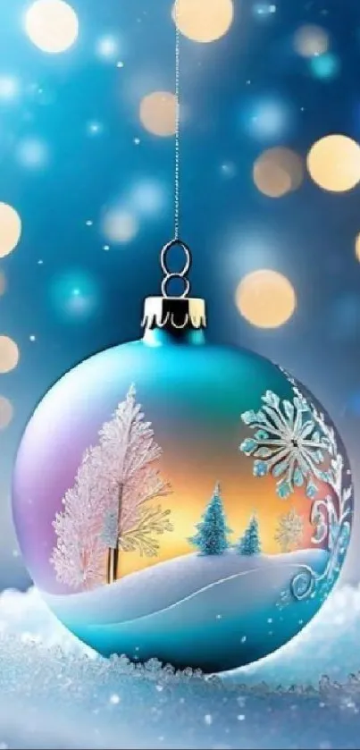 Colorful ornament with snowy trees and bokeh lights.