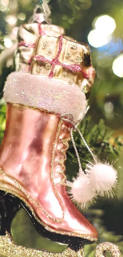 Pink stocking ornament on Christmas tree.