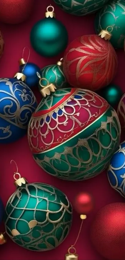 Festive Christmas ornament mobile wallpaper in red, green, and blue.