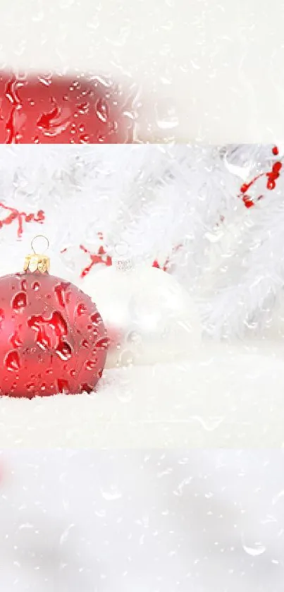 Festive red and white holiday ornament with white snowy background.