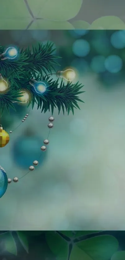 Festive wallpaper featuring Christmas ornaments on a teal background.