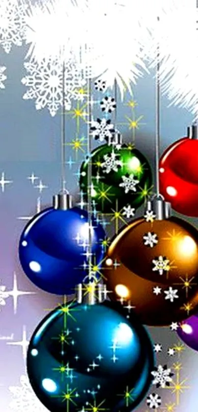 Colorful ornaments hanging with snowflakes on a festive phone wallpaper.