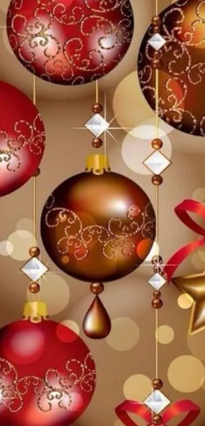 Festive wallpaper with red and brown ornaments, sparkling with decorative elegance.