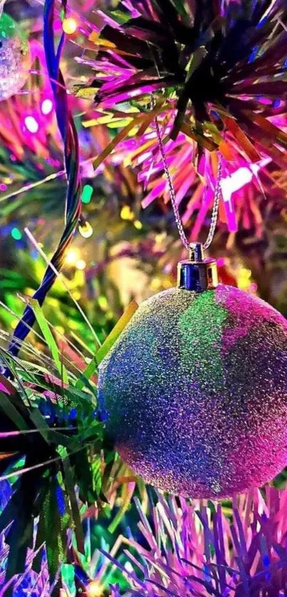 Colorful Christmas ornament with lights on a festive background.