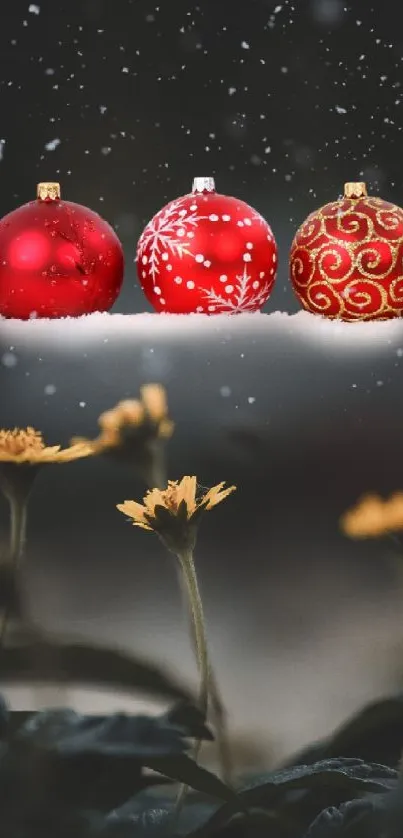 Festive red ornaments with yellow flowers in snowy background.