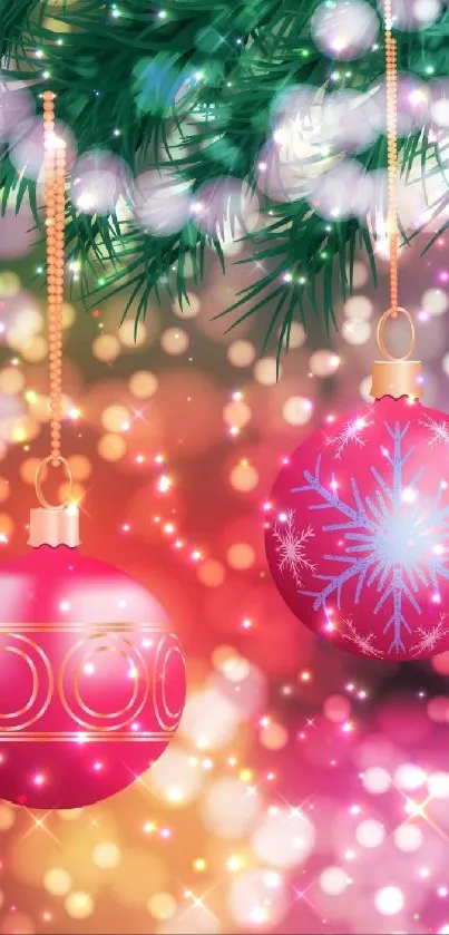 Festive holiday wallpaper with red ornaments and Christmas decorations.