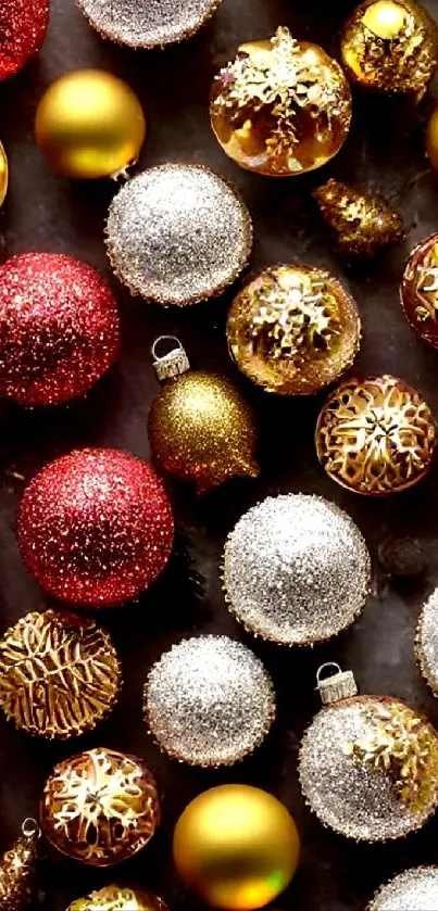 Gold, red, and silver Christmas ornaments wallpaper.